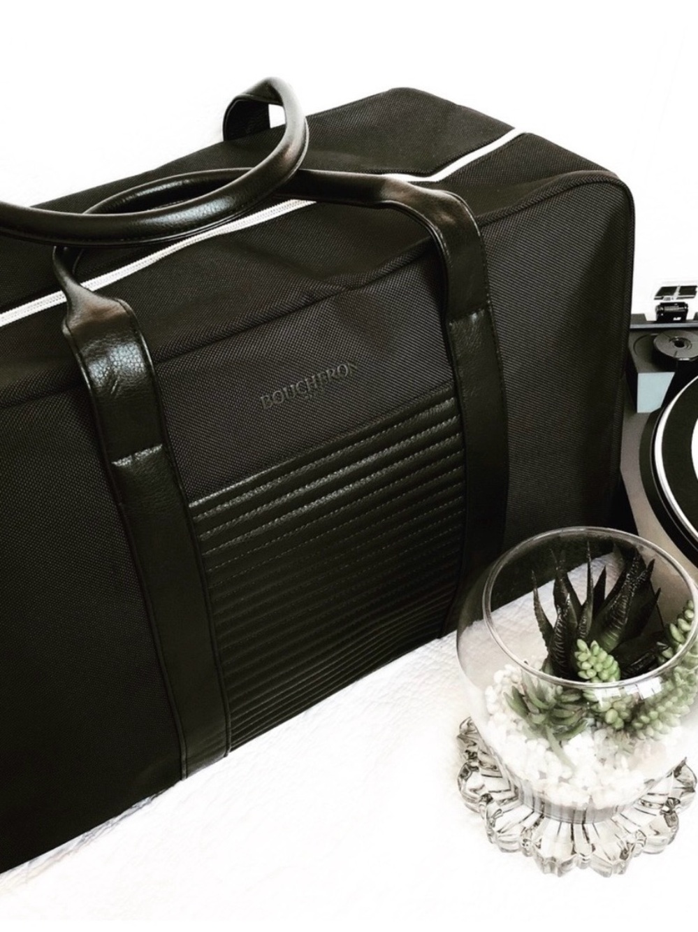 Bouchard Black Duffel Travel Bag with Leather Trim